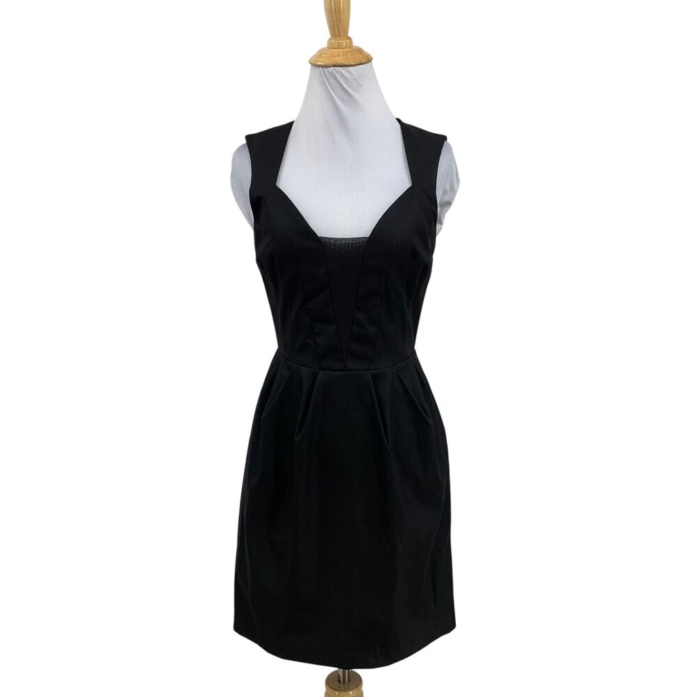 Bebe Dress Womens 2 Black Sweetheart Crepe Back Zip Pleated Sheer Panel Sheath
